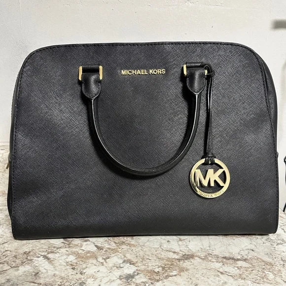 MICHAEL KORS Jet Set Satchel Purse Top Handle - Gold & Black Saffiano Leather - Picture 3 of 15